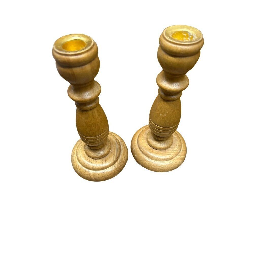 Set Of 2 Vintage Wooden Candle Holders 8 Inch Tall